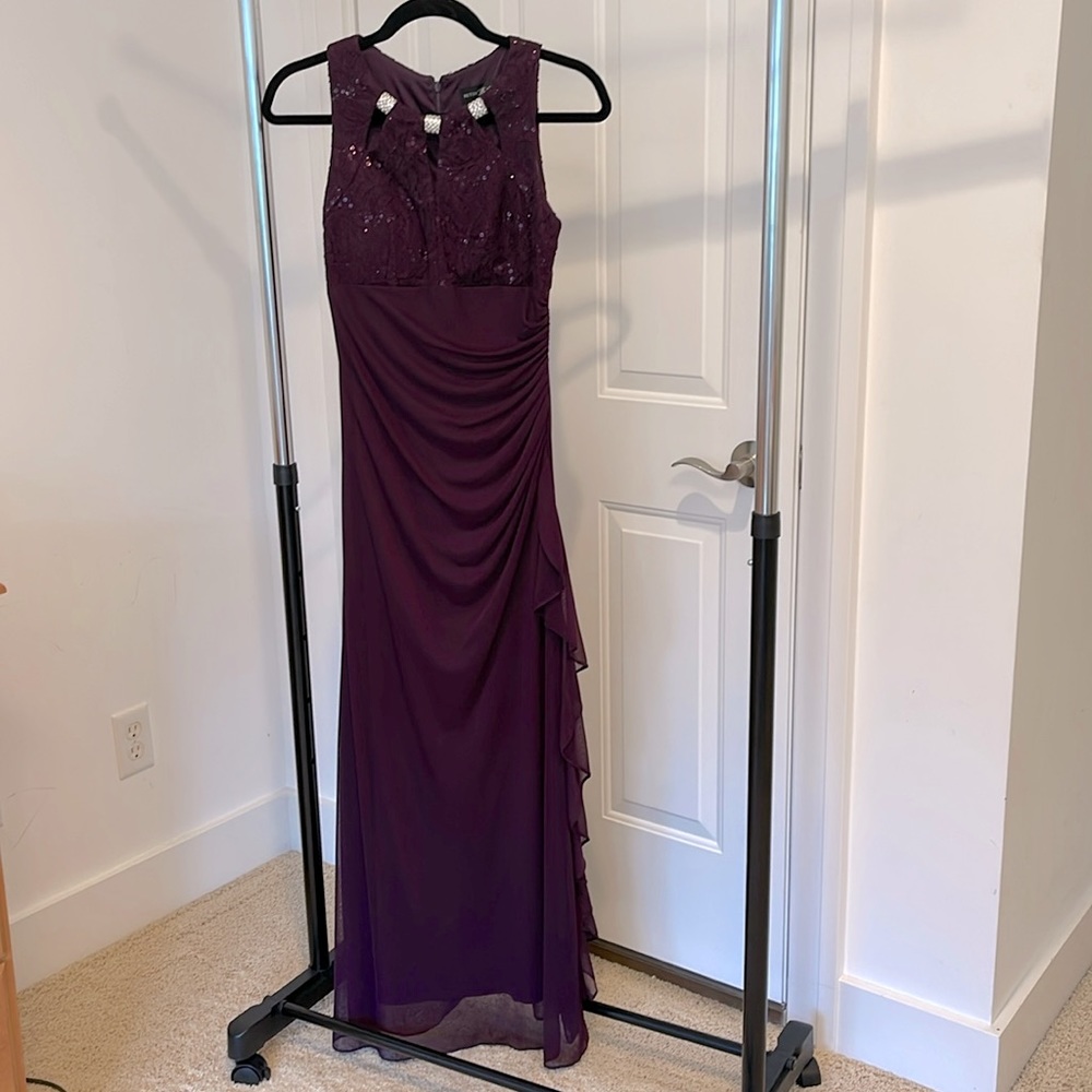 Betsy and Adam eggplant/purple 6P gown. Neck jewels and sequins on top. EUC